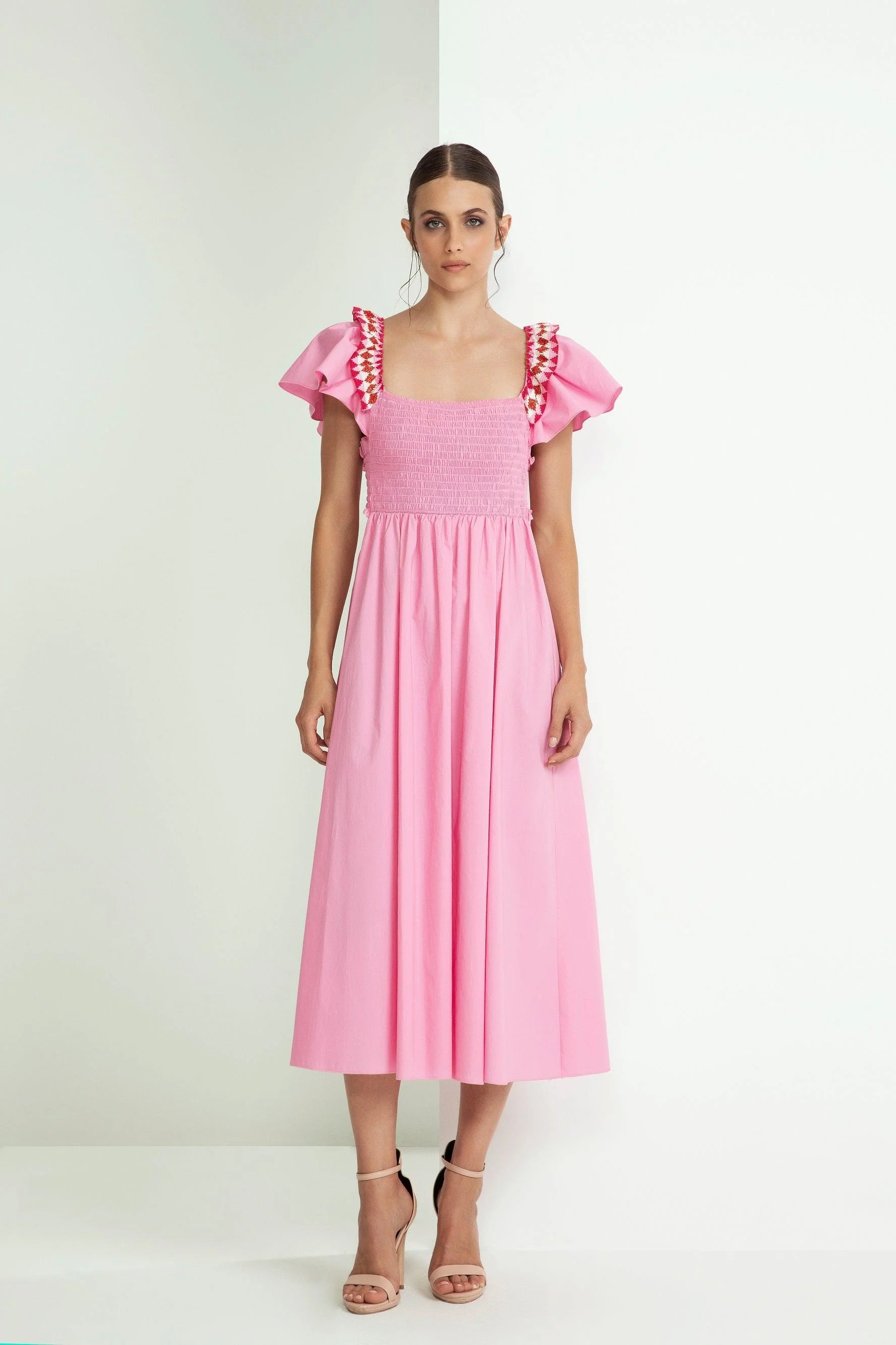 ABITO ROSA MIDI IN FRESCO COTONE PUNTO SMOCK E CORPETTO