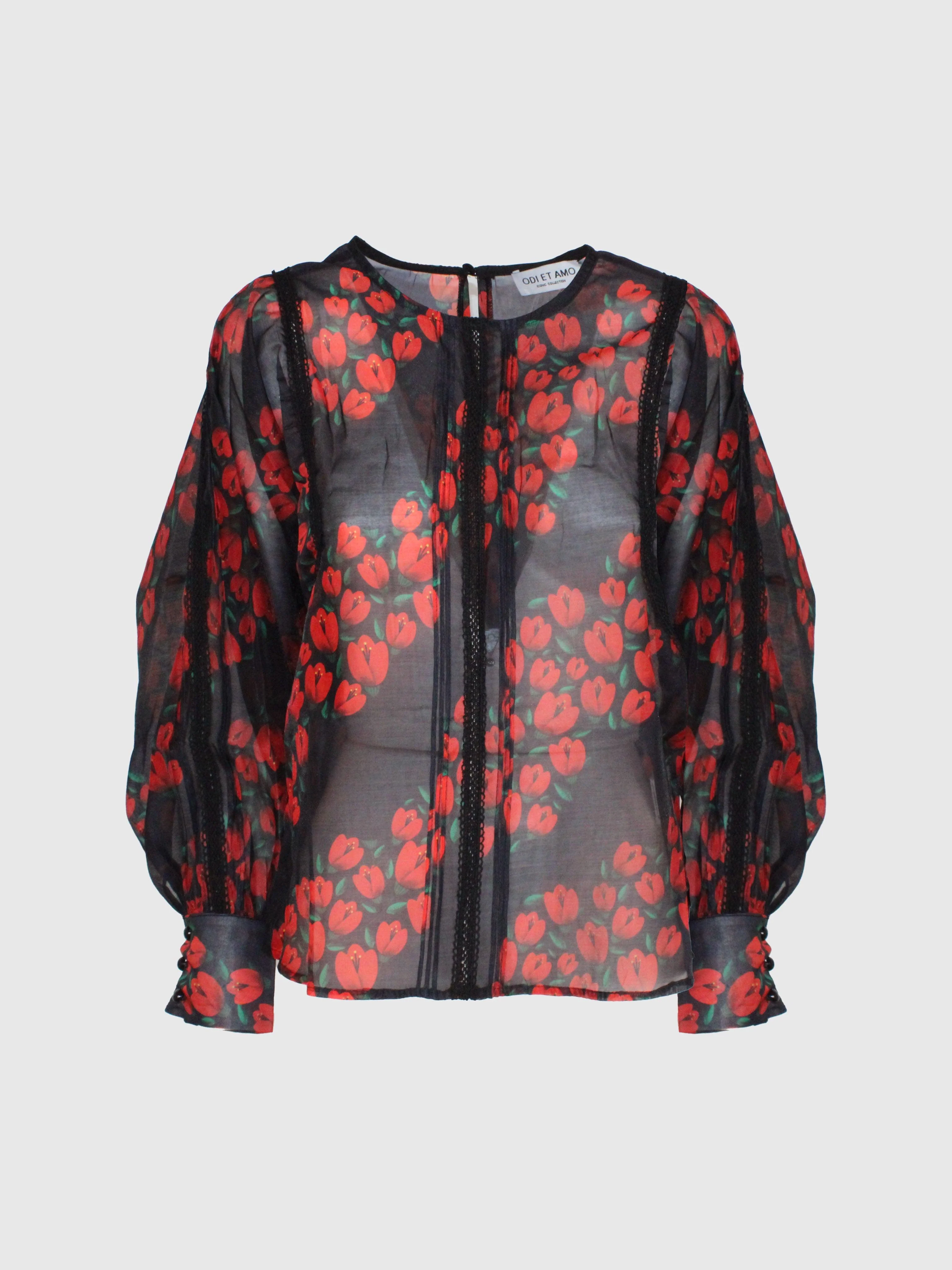 COORDINATO BLUSA SEMITRASPARENTE E GONNA LUNGA A BALZE STAMPA FIORI ROSSI - Image 2