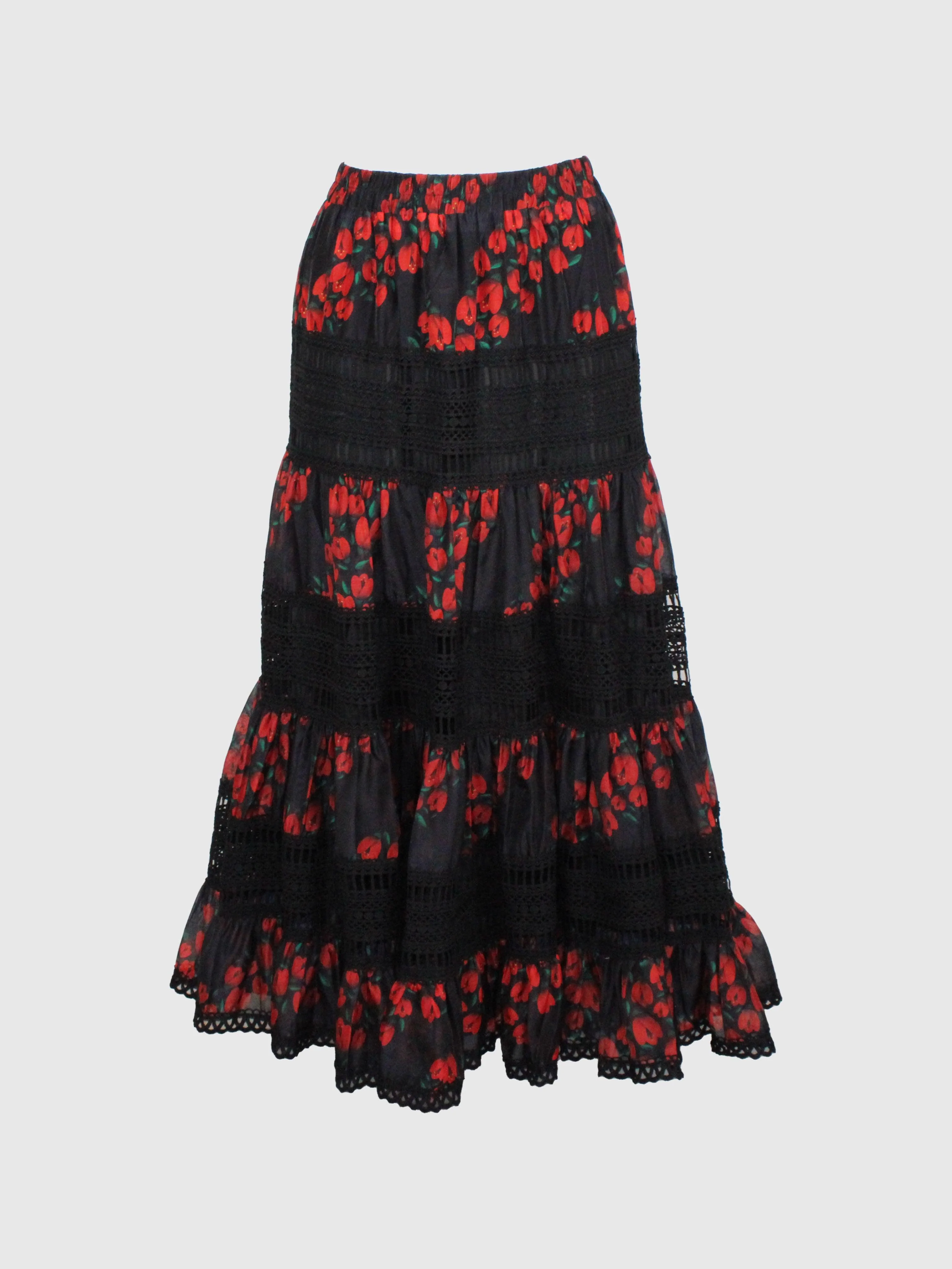 COORDINATO BLUSA SEMITRASPARENTE E GONNA LUNGA A BALZE STAMPA FIORI ROSSI - Image 3