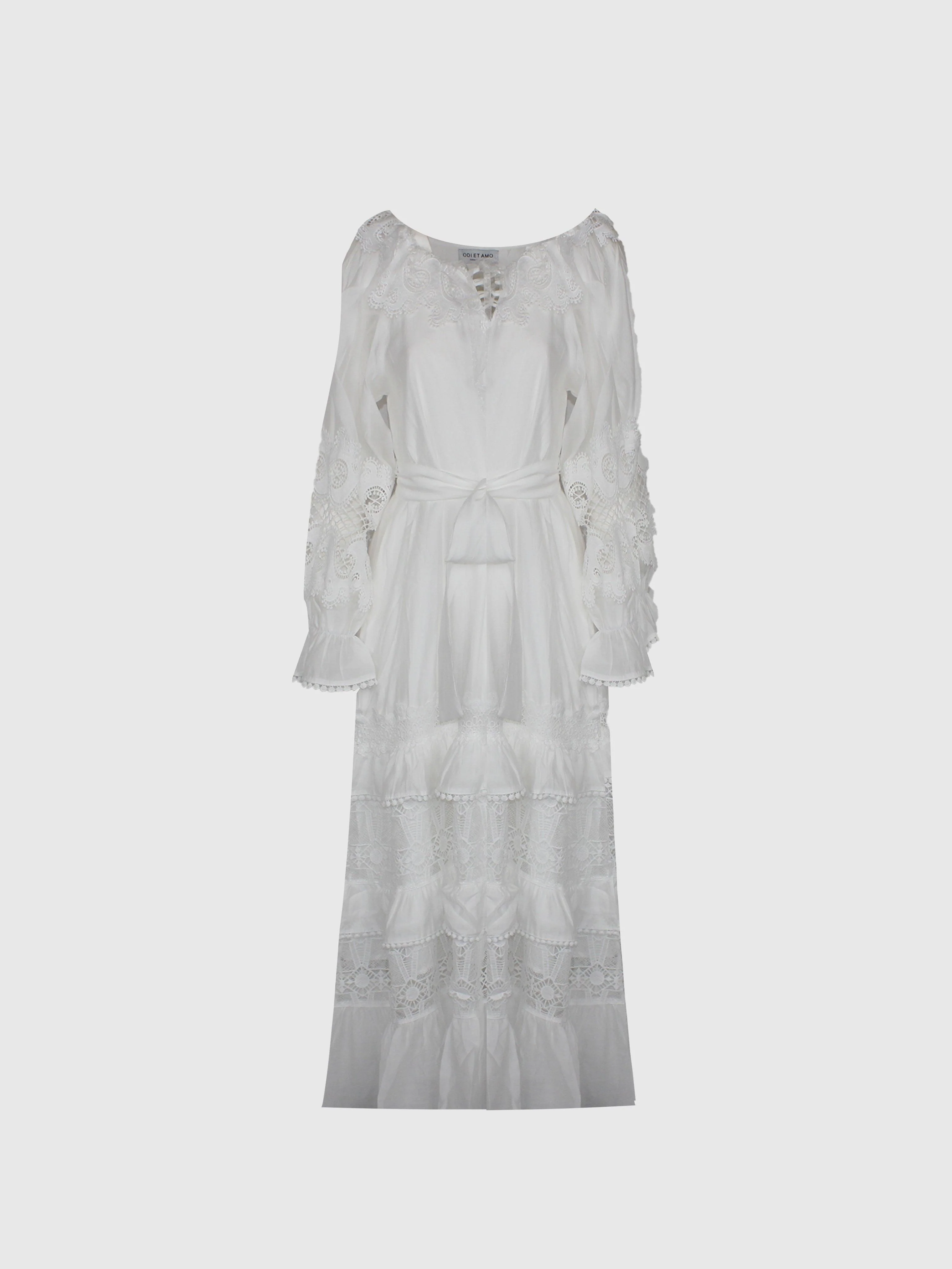 ABITO MIDI IN COTONE BIANCO CON SCOLLO BARDOT INSERTI IN PIZZO SEMITRASPARENTI - Image 2