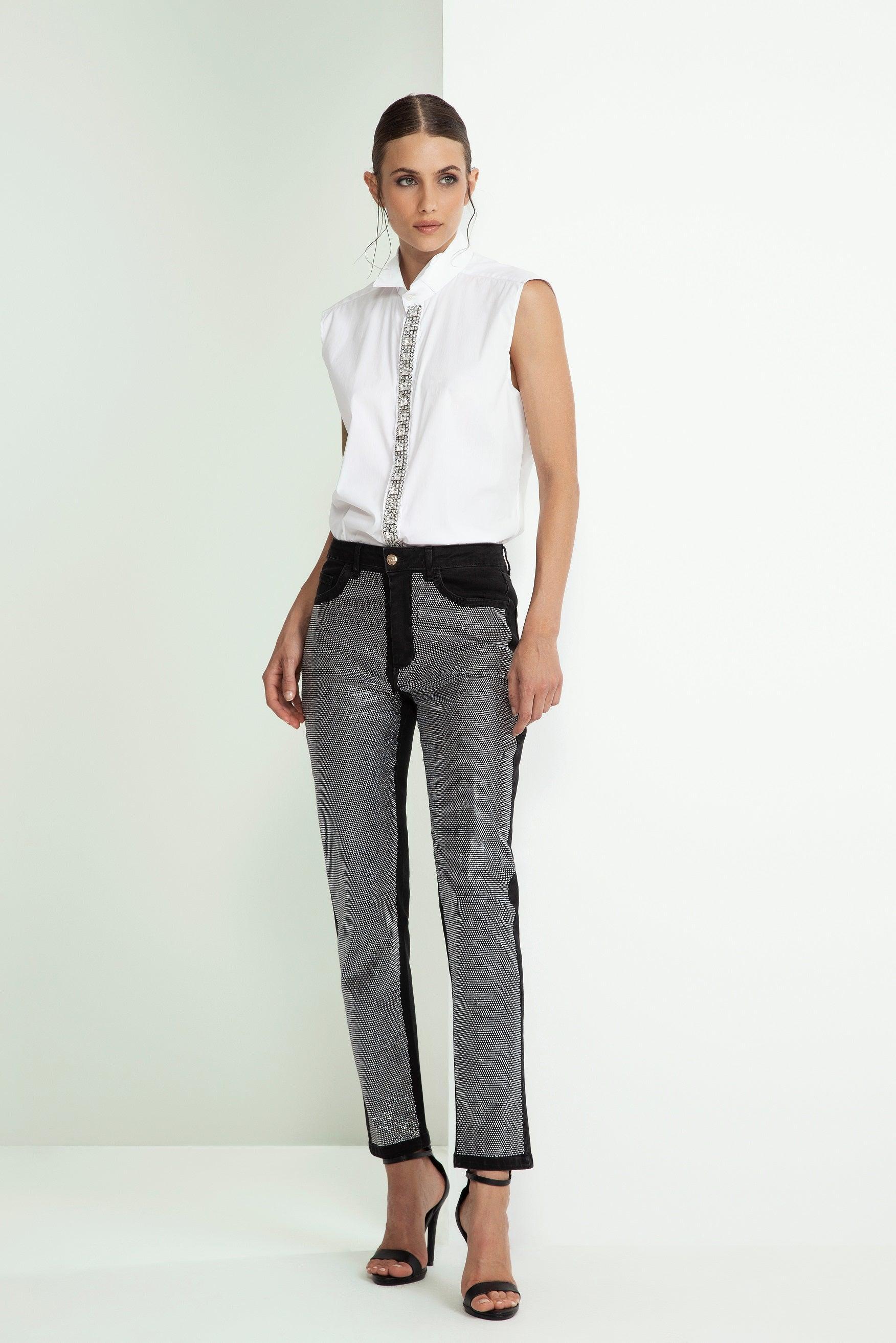 CAMICIA STILE SMOKING SMANICATA CON STRASS IN COTONE