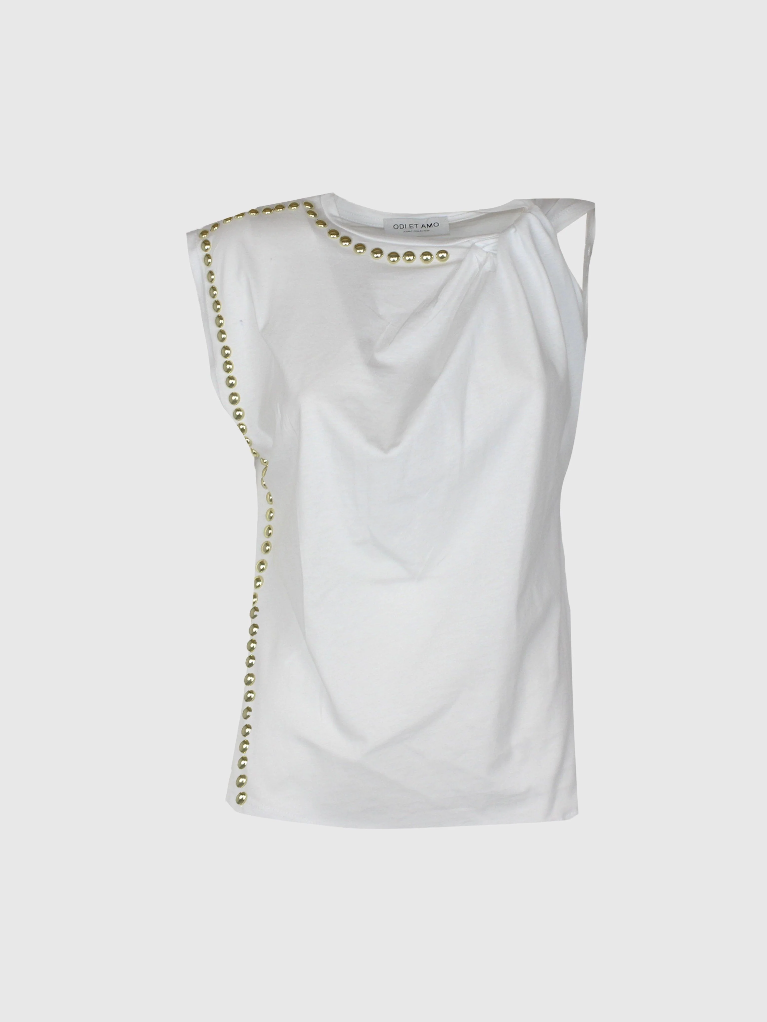 T-SHIRT SMANICATA IN COTONE ASIMMETRICA CON NODO SULLA SPALLA E BORCHIE ORO - Image 2