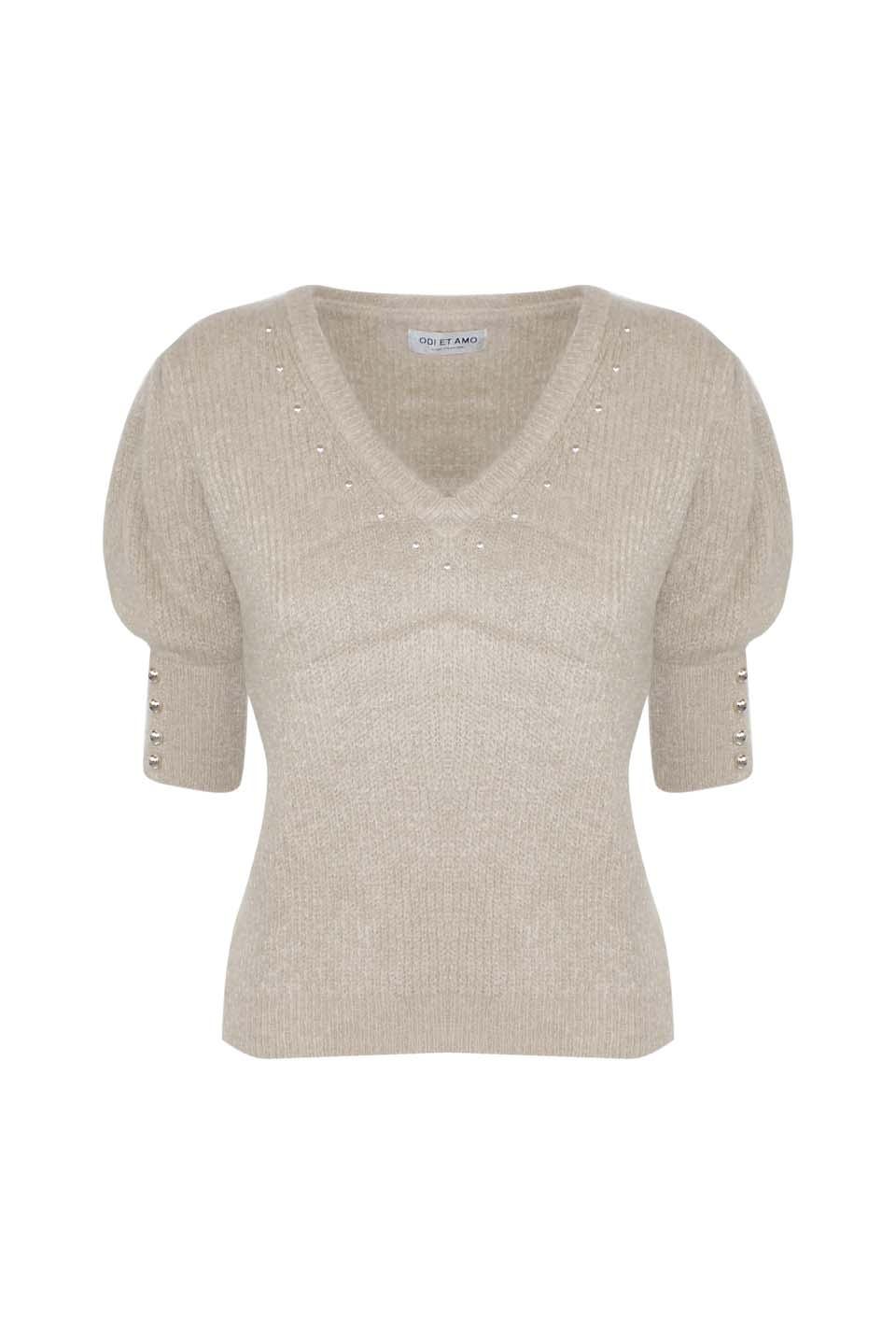 PULLOVER MANICA CORTA IN MISTO MOHAIR BORCHIE SU SCOLLO A V - Image 3