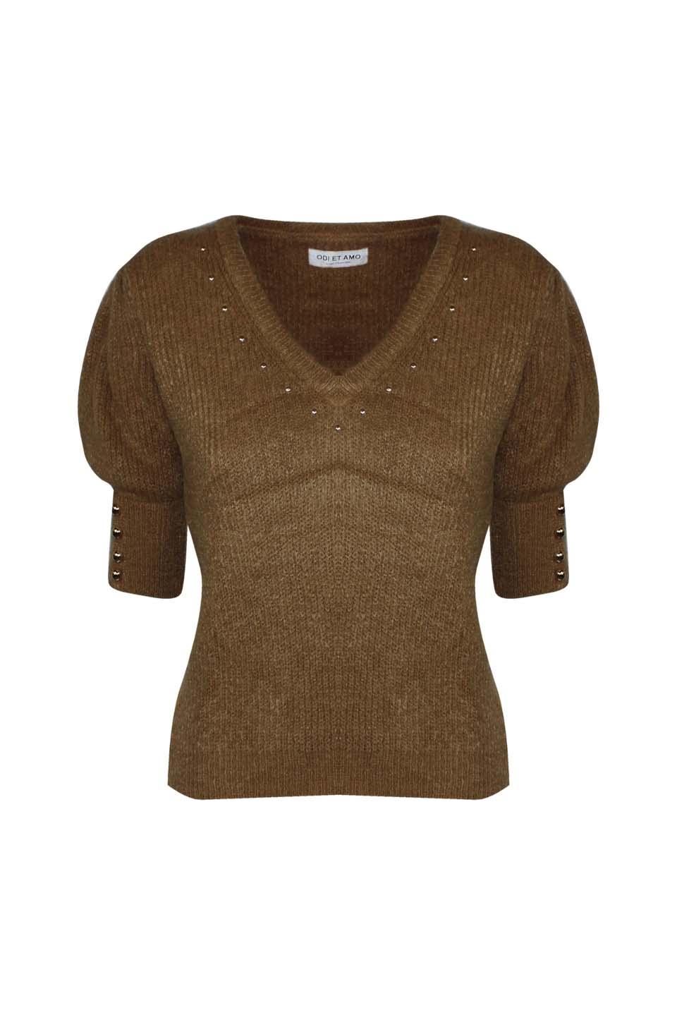 PULLOVER MANICA CORTA IN MISTO MOHAIR BORCHIE SU SCOLLO A V - Image 4