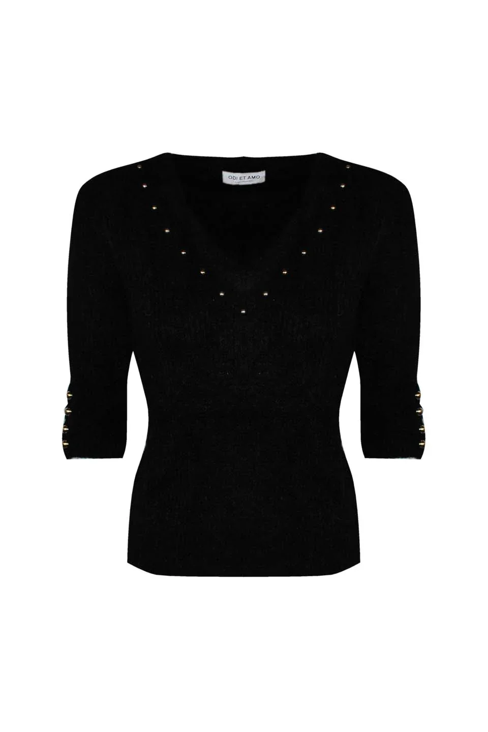 PULLOVER MANICA CORTA IN MISTO MOHAIR BORCHIE SU SCOLLO A V - Image 5
