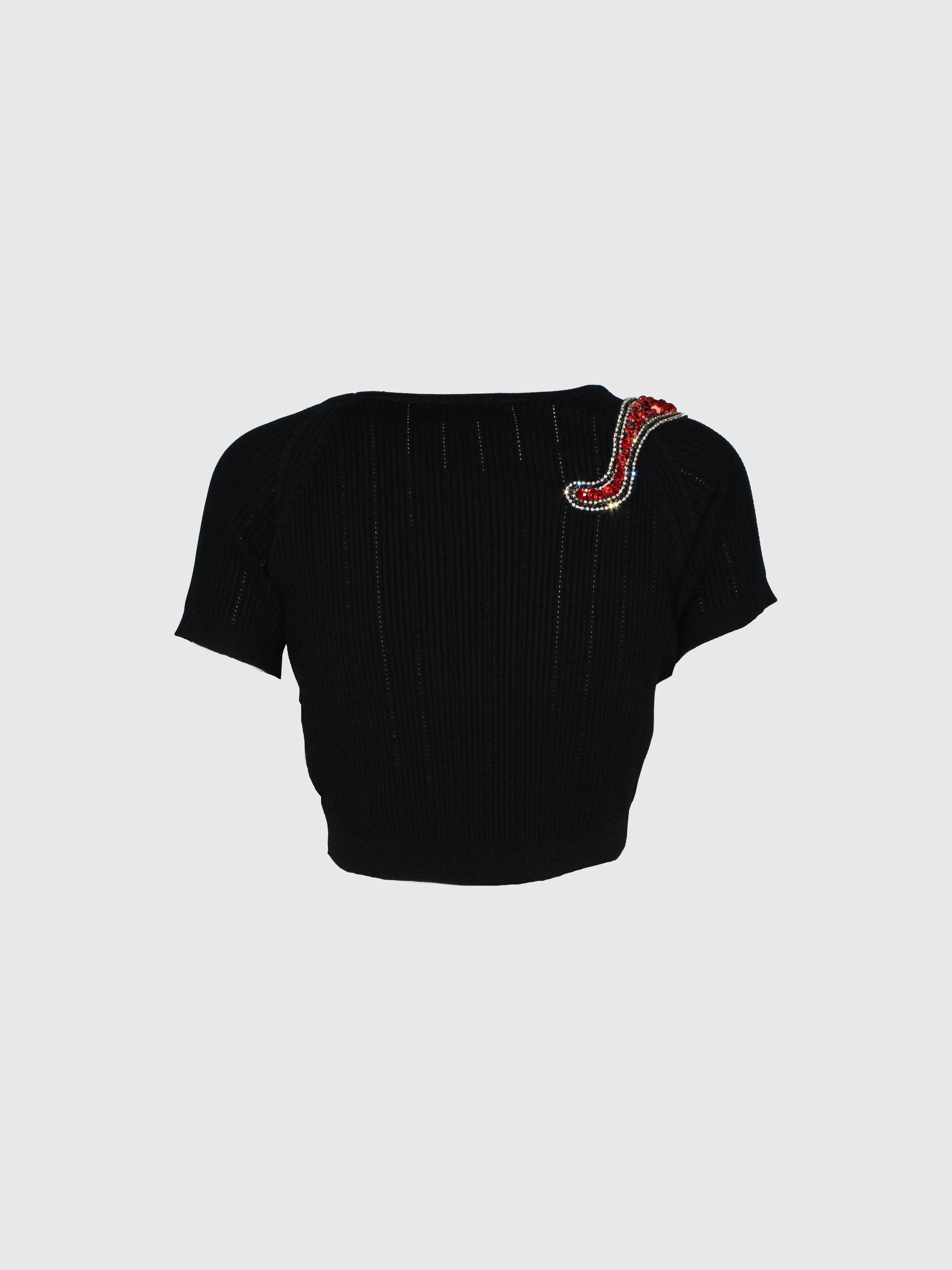 TOP CORTO NERO IN MAGLIA CON SERPENTE GIOIELLO CRISTALLI - Image 3